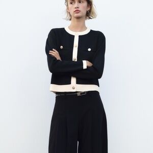 Zara Cardigan- Black with White Lining- size M